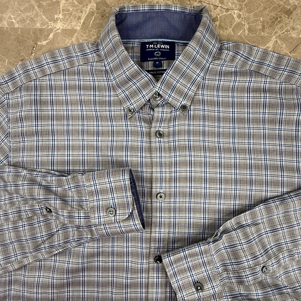 T.M. Lewin Finest Cotton Shirt Mens Med Blue Plaid Side Gussets Business Casual